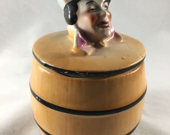 Antique Austrian Clown / Jester / Man in a Barrel Storage Jar / Humidor