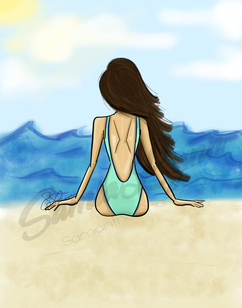 Beach Girl Fashion Print Beach Wall Art Fashion Illustration Beach Drawing Wall Decor image 1