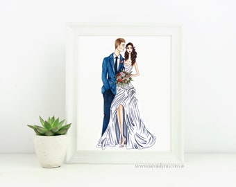 Custom Wedding Illustration - Couple's Portrait - Bride and Groom - Bride and Flowergirl - Wedding Gift - Wedding Dress Sketch