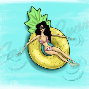 May include: A woman wearing sunglasses and a pink bikini is floating on a yellow pineapple-shaped pool float in a blue pool.