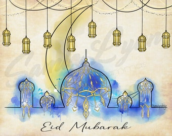 Eid Mubarak - Ramadan Print - Islamic Art - Eid Wall Art - Mosque Illustration - Eid Celebration