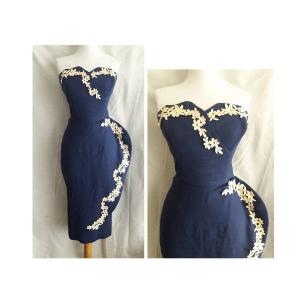 Vintage 1950s VLV Strapless Wiggle Dress with Rhintones