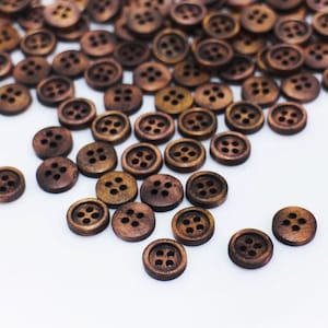 Tiny Dark Brown Wooden Button, Small Natural Wood Buttons, Four Holes Sewing Button, Blouse Shirt Button, Raised Edge Button, 10mm