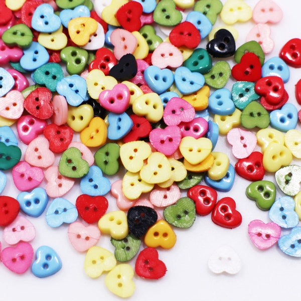 Tiny Heart Button, Mixed Color Colorful, Heart-shape, Mini Extra Small Size, For Sewing Doll Cloth Dress, DIY Craft, Two Holes, 6mm,0.24inch