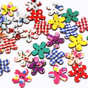 Floral Wooden Buttons, Flower Pattern, Fabric on Top, 2 Hole, Assorted Patterns, Fun Colorful, Polka Dot, Plaid, Mixed Lots, Flower Shaped