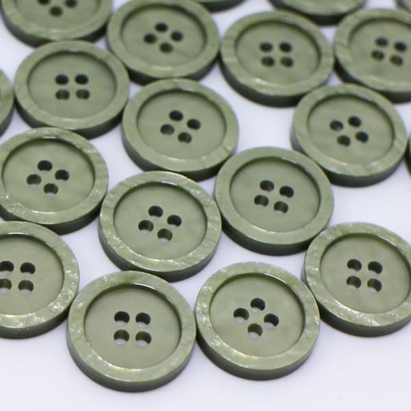 Dark Green Button, Shell Looking, Four Holes, Raised Edge, For Sewing Coat Jacket, Made of Resin, Round Shape, 18mm, 0.7inch, Flat Top