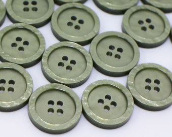 Dark Green Button, Shell Looking, Four Holes, Raised Edge, For Sewing Coat Jacket, Made of Resin, Round Shape, 18mm, 0.7inch, Flat Top