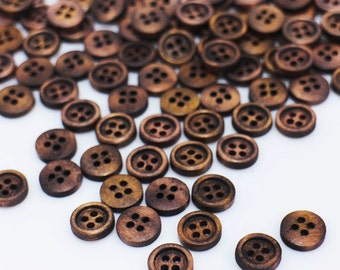 Tiny Dark Brown Wooden Button, Small Natural Wood Buttons, Four Holes Sewing Button, Blouse Shirt Button, Raised Edge Button, 10mm