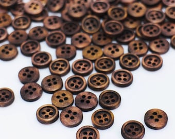 Tiny Dark Brown Wooden Button, Small Natural Wood Buttons, Four Holes Sewing Button, Blouse Shirt Button, Raised Edge Button, 10mm