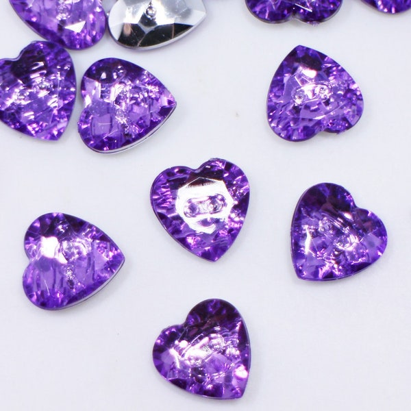 Purple Heart Acrylic Buttons, Two Holes, Shiny Elegant, Heart-shaped, For Sewing Dress Cardigan Decorative, 15mm, 0.6inch, Silver Back