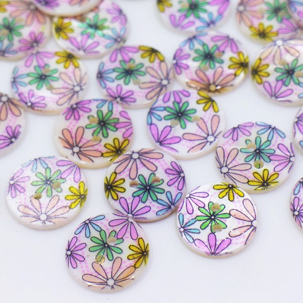 Purple Flower Sea Shell Button, Purple Pink Green Color, Natural Seashell, White Shiny Finish, Two Holes, 15mm, 0.59inch,Elegant,For Crochet