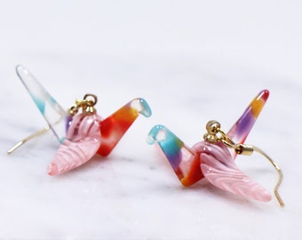 Japanese Origami Earrings, Paper Crane Earrings, Pink Blue Green Earrings, Asian Style Earrings, Dangling Drop Earrings, Acrylic Earrings