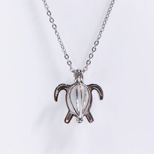 May include: A silver chain necklace with a turtle-shaped pendant. The pendant is open and has a clear glass orb inside.
