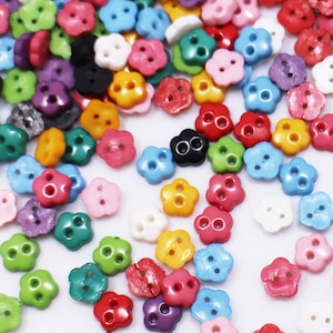 50 Tiny Flower Button, Mixed Color, Floral Shape, Mini Extra Small Size, For Doll Cloth DIY Craft Material, Two Hole, Made of Plastic, 6mm
