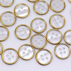 White and Gold Edge Button, Semi-transparent Clear in the Center, Shiny, Four Holes, For Sewing Shirt, Elegant Classy, Resin Metal, 11.5mm