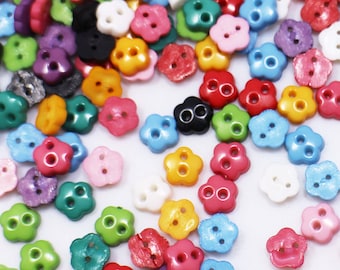 50 Tiny Flower Button, Mixed Color, Floral Shape, Mini Extra Small Size, For Doll Cloth DIY Craft Material, Two Hole, Made of Plastic, 6mm