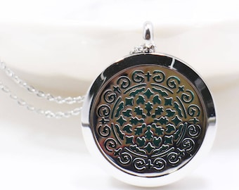 Bohemian Essential Oils Necklace, BOHO Floral Filigree, For Aromatherapy Oils Perfume Diffuser, Large Round Locket Pendant, Stainless Steel