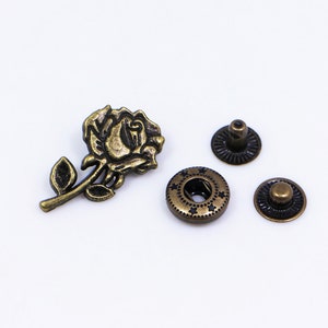 Rose Snap Button, Bronze Color Flower Shaped Snap Fastener, Metal Snap Button, Wallet Bag Closure, Press Studs, Upholstery Buttons, 10 sets
