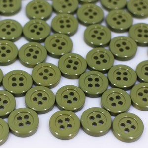 Army Green Buttons, Dark Green Color, Glossy Finish, Four Holes, Round Shaped, 11.5mm, 20pcs, For Men Shirt War Game Outfit DIY