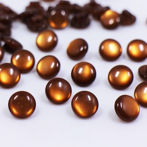 May include: A collection of brown plastic buttons with a shiny finish. The buttons are round and have a slight dome shape.