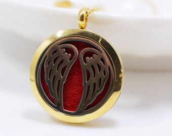 Angel's Wings Necklace, Gold and Silver Color, For Aromatherapy Oils Essential Oils Diffuse, Case Diffuser Locket, Stainless Steel, Large
