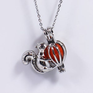 以下が含まれることがあります： 銀色のネックレスに、赤いケージのペンダントを持ったリスのチャームが付いている。