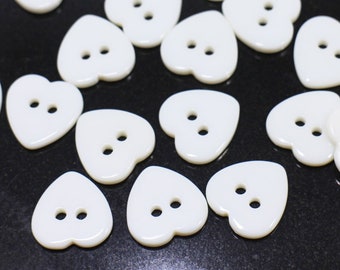 White Heart Buttons, Heart Shaped, Glossy Finish, Two Holes, For Sewing DIY Children Sweater Cardigan, 15mm, 0.6inch, Flat Top, Solid Color