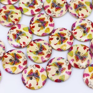 Butterfly Wooden Buttons, Butterflies Pattern, DIY Craft Materials, Two Holes, botón de madera, 18mm, 0.7inch, Medium Size, Pink Green Mix