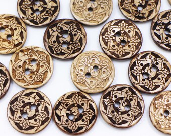 Bohemian Coconut Buttons, 15mm, 0.59inhc, Ethnic BOHO Style, Floral Print, Upholstery, 2 Hole, Natural Material, Brown Color, For Sewing DIY
