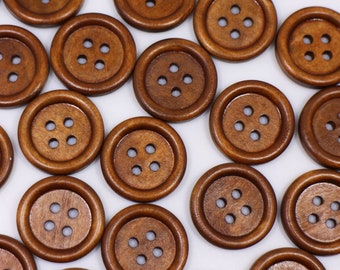 Brown Natural Wood Buttons,  4 Holes, Thin Raised Edge, Round Shape, Basic Simple Design, For Coat Jacket DIY Sewing, 20mm, 0.78inch, Medium