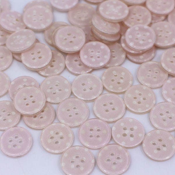 Light Pink Polka Dot Buttons, Pale Pastel Pink, White Dot Print, Four Holes, For Sewing Dress Cardigan Pajama Blouse, 12.5mm, Half Inch