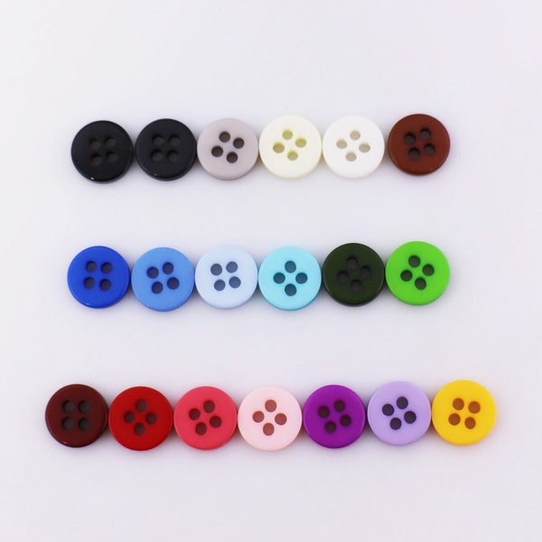 50pcs Extra Small Flat Top Buttons,Rainbow Color,Tiny Mini, Four Holes, White Black Blue Pink Red Green Brown Orange Yellow Gray Purple, 9mm