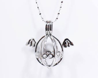 Angel Wing Necklace, Egg Shape, For Essential Oils Aromatherapy Oil Perfume Diffuse, Sterling Silver Chain, Large Case Locket Pendant, Cute
