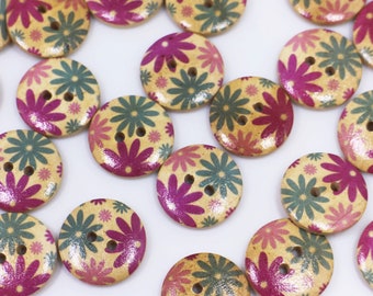 Flower Pattern Wooden Button, Blue & Purple, Little Floral Print, botón de madera, 2 Holes, 18mm, 0.7inch, Cute Garden Pretty, Medium Size
