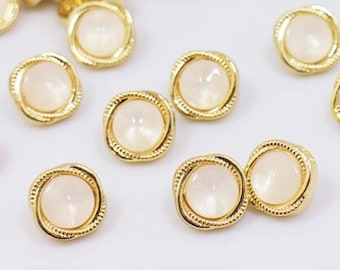 White and Golden Metal Shank Button, Retro Vintage Style, Gold Color, For Sewing Women Blazer Blouse Dress, Elegant Classy, 10mm, 0.4inch
