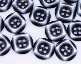 Black Square Buttons, Raised Square Shape Edge, Shiny Finish, Round Shaped, Four Holes, For Men Suit Shirt, Bowl Shaped, 12.5mm, Half Inch