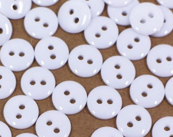 50pcs Glossy White Buttons, Solid White Color, Two Holes, For Business Men Suit Shirt, 7.5mm, 9mm, 11.5mm, Extra Small to Small Size