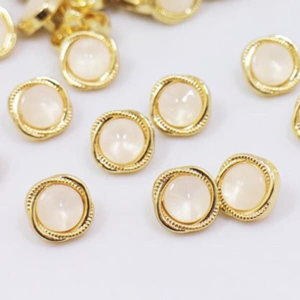 White and Golden Metal Shank Button, Retro Vintage Style, Gold Color, For Sewing Women Blazer Blouse Dress, Elegant Classy, 10mm, 0.4inch