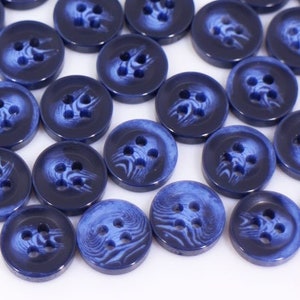 Navy Blue Buttons, Marble Pattern, Glossy Finish, Four Holes, For Sewing Business Suit Shirt DIY, 10mm, 11.5mm, Matching Size, Raised Center
