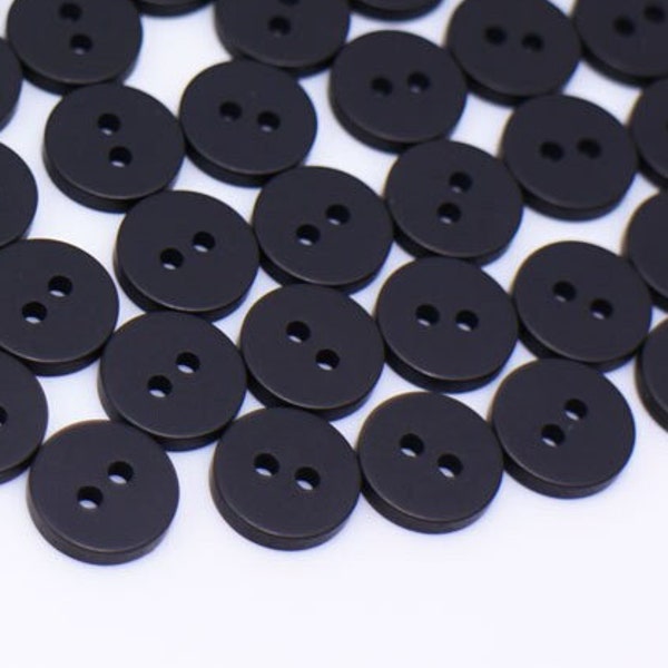 Matte Black Buttons, Flat Top, Small Size, No Shine, Two Holes, For Sewing Business Shirt Men Suit, 10mm, 11.5mm, Standard Basic Simple