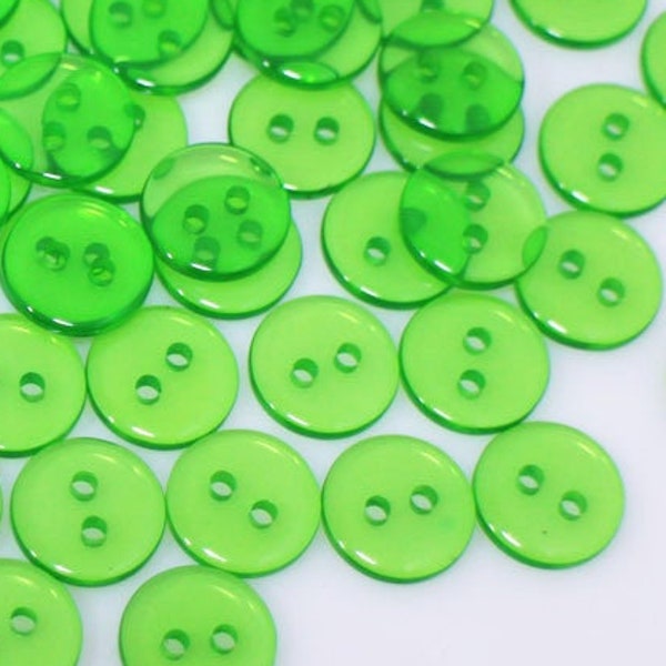 50pcs bouton transparent vert néon, transparent, petite taille, deux trous, en résine, couleur vive colorée, 11 mm, 0,43 pouce, couleur vert vif