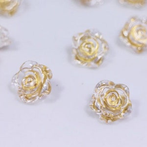 クリアフラワーボタン、バラの花の形、クリアとゴールドカラー、カーディガンウェディングドレスブラウスの縫製用、12.5 mm、エレガントでロマンチック、上品なDIY