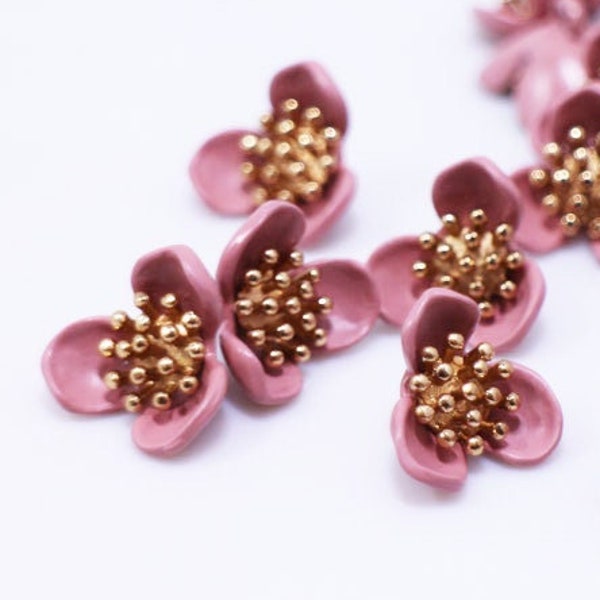 Pink Flower Shank Buttons, Made of Metal, Floral Shape, Back Hole, Elegant Lovely Classy, For Sewing Coat Blazer, Pink Gold, 14mm, Half Inch