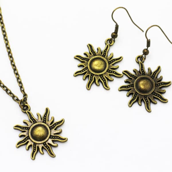 Retro Sun Dangling Earrings, Retro Sun Necklace, Antique Bronze Charm, Jewelries Set, Hippie, Hipster, 3D Charm, Retro, Sun, BOHO, Bohemian