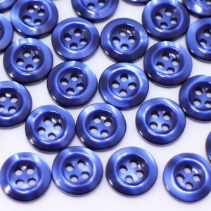 Blue Shirt Buttons, Dark Blue Color, Wide Edge, Shiny High Shine, Four Holes, For Shirt Blouse, 11.5mm, 20pcs, Navy Blue, Made of Resin