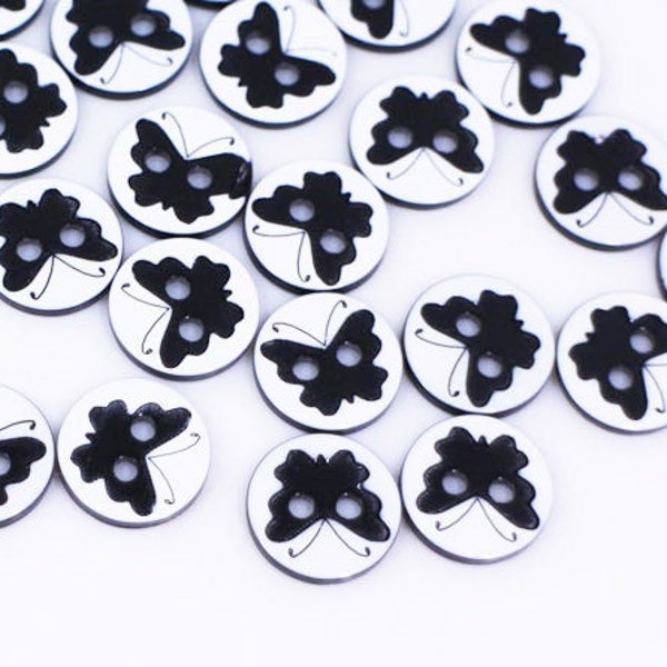 Butterfly Button, Black and White Color, Butterflies Print, Small Size, Two Holes, For Sewing Shirt Blouse Dress, 12.5mm, Half Inch, Round