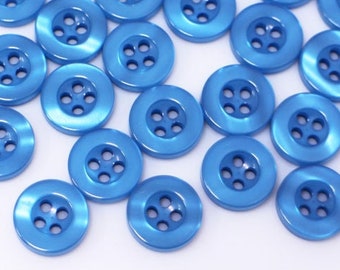 Blue Buttons, Denim Blue Color, Wide Raised Edge, Made of Resin, Shiny Finish, Four Holes, For Sewing Blouse Shirt, 11.5mm, 0.45inch, Round
