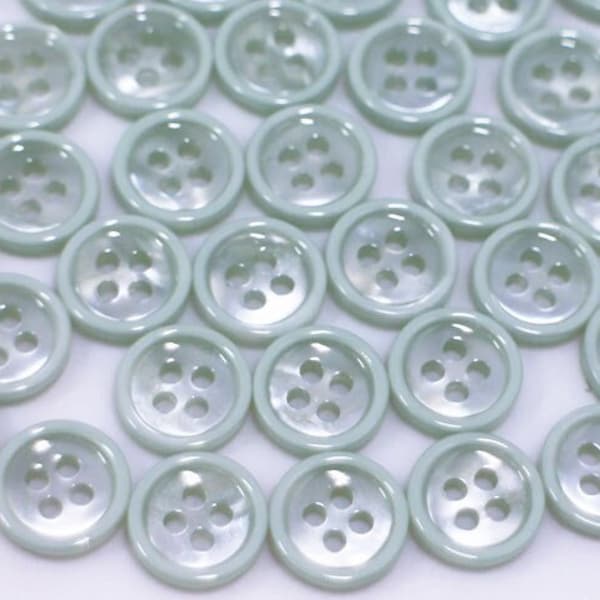 Light Green Buttons, Mint Green Color, High Shine, Shiny Finish, Four Holes, For Sewing Blouse Shirt Pajama, Raised Thin Edge, 11mm,0.43inch