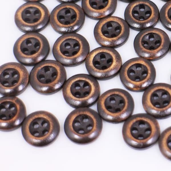 Dark Brown Wood Buttons, Wide Raised Edge, Rustic Style, Natural Wood, Four Holes, For DIY Crochet Blouse Shirt Pajama, Round Shape, 11.5mm,