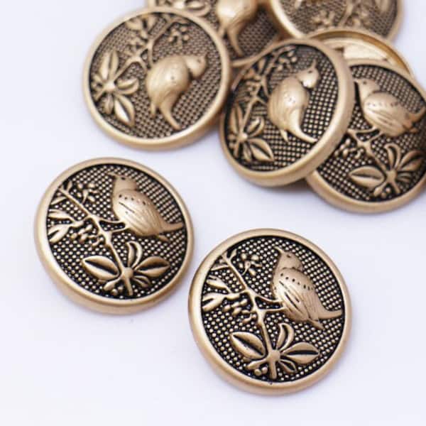 Gold Bird Metal Shank Button, Birds and Floral Pattern, Golden Color, Elegant Vintage Style, For Sewing Jacket Coat Blazer, 25mm, 1inch